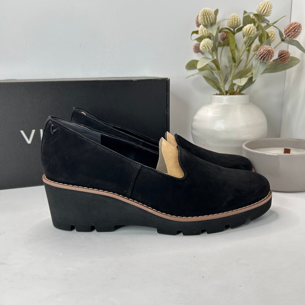 Vionic Willa Wedge Loafers Suede Slip On Black Women's 9 NWB Career Minimalist